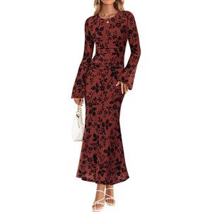 Zesica Women's Rust Ruched Mesh Long Sleeve Floral Cocktail Bodycon Dress